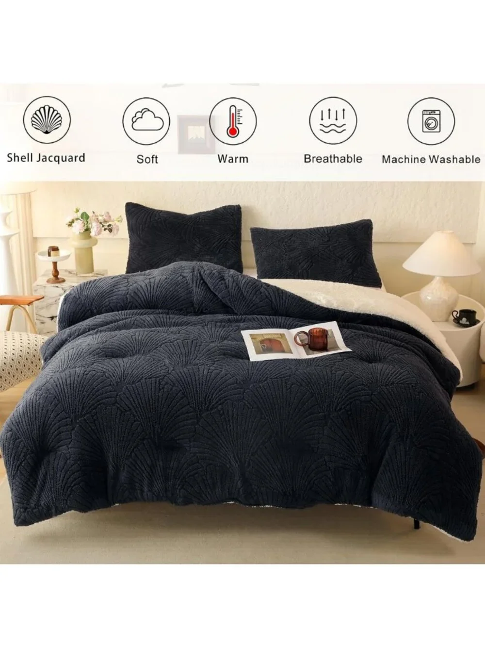 Cozy Seashell Jacquard Sherpa Comforter Set, 3-Piece Full/Queen Bedding, Grey